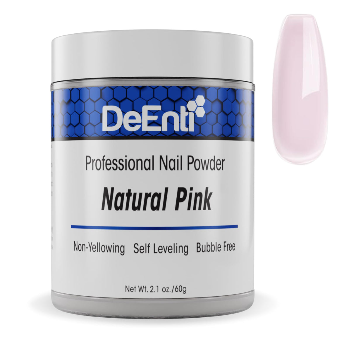 DeEnti acrylic powder 2oz natural pink bottle shot suitable for salon-quality overlays
