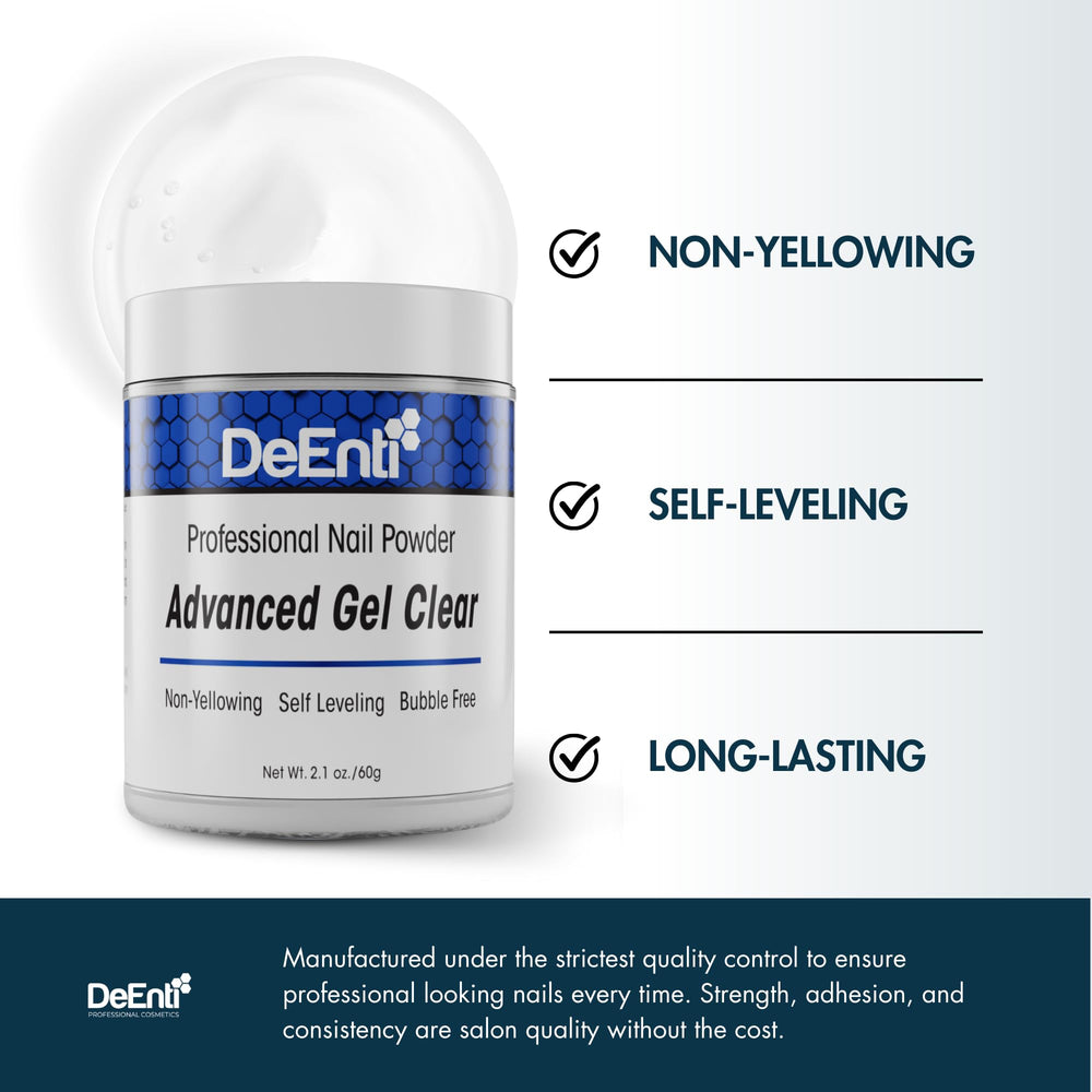 DeEnti crystal clarity with strong adhesion supports durable nail sets.