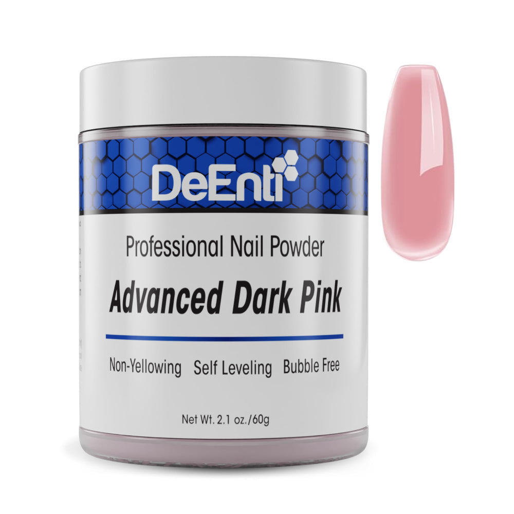 DeEnti dark pink acrylic powder in a jar for bubble-free nails.