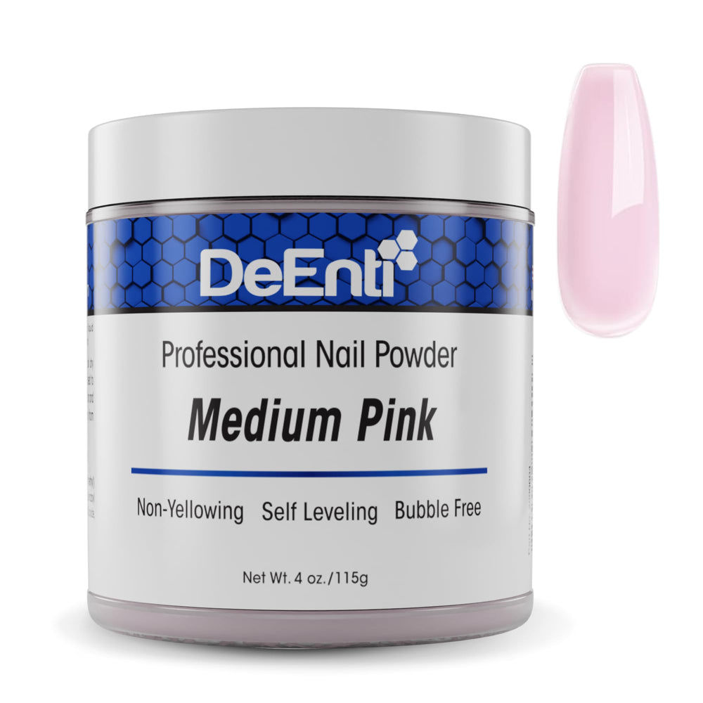 DeEnti acrylic nail powder medium pink bottle close-up highlighting premium formula for overlays