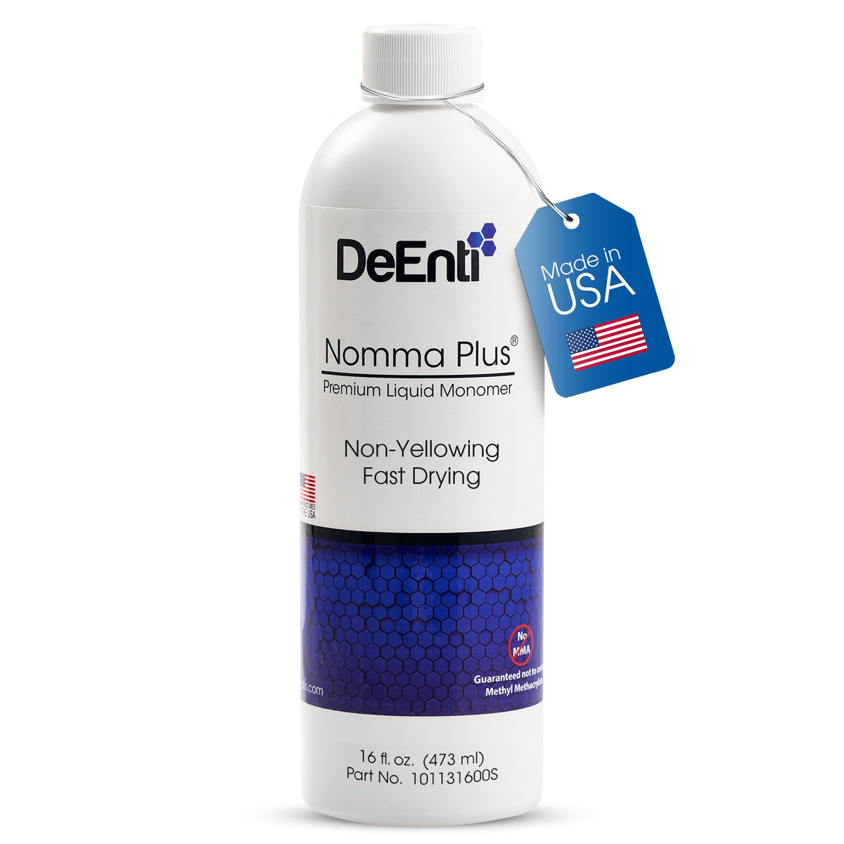 DeEnti Nomma Plus bottle front view for professional acrylic monomer with quick-dry performance.