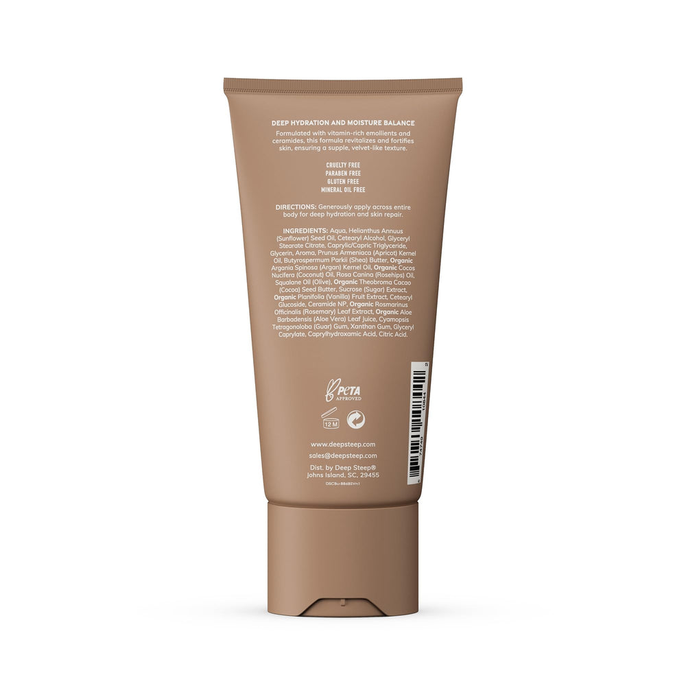 Deep Steep Body Butter with ceramides nourishes the skin.