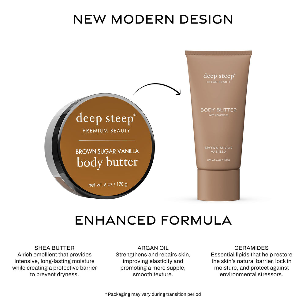 Coconut and argan oils in Deep Steep Body Butter provide lasting moisture.