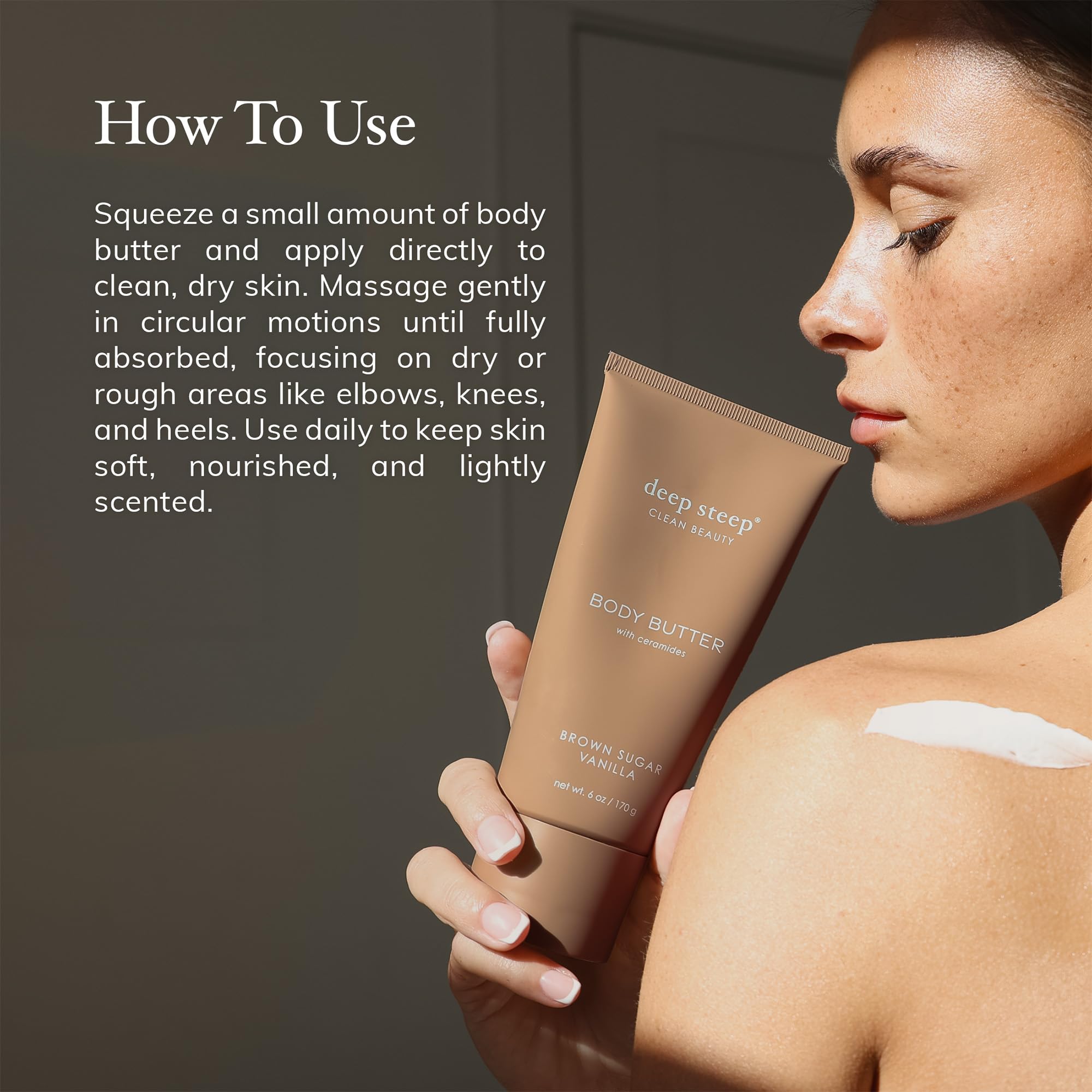 Rosehip oil in Deep Steep Body Butter helps supple skin texture.