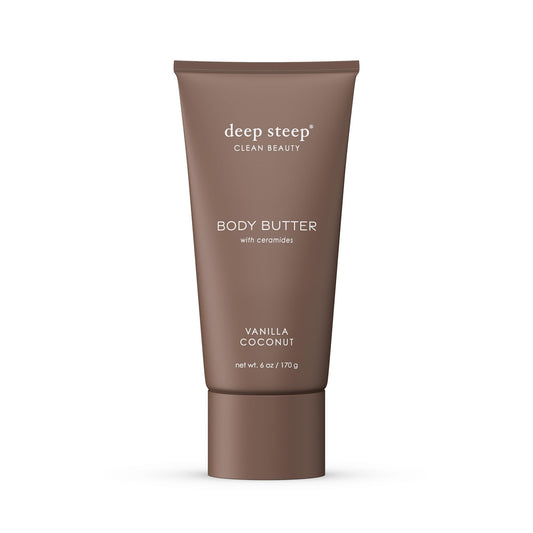 Deep Steep Body Butter Vanilla Coconut jar close-up shows rich, creamy texture for smooth skin