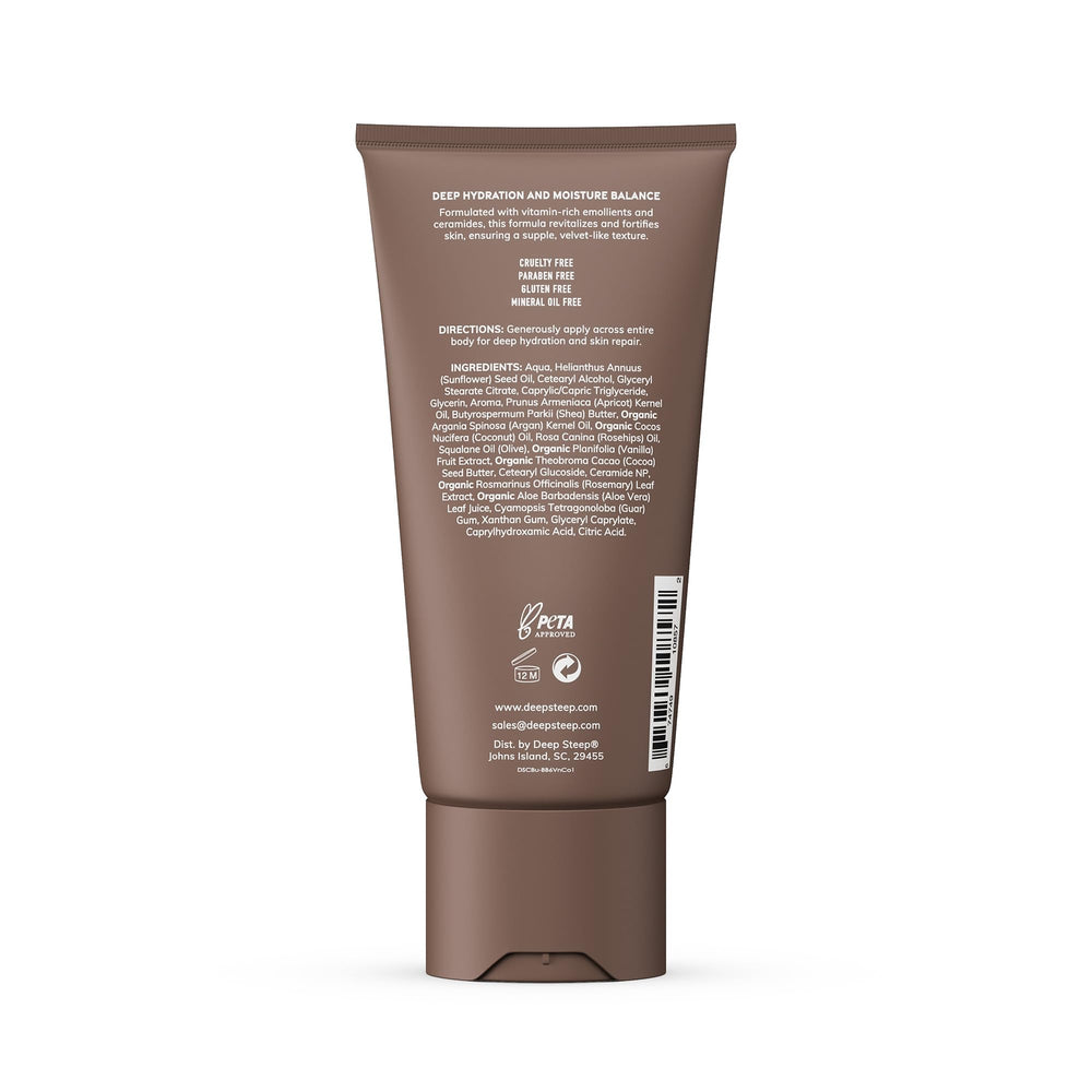 Deep Steep Body Butter Vanilla Coconut label detail highlights vegan clean beauty benefits