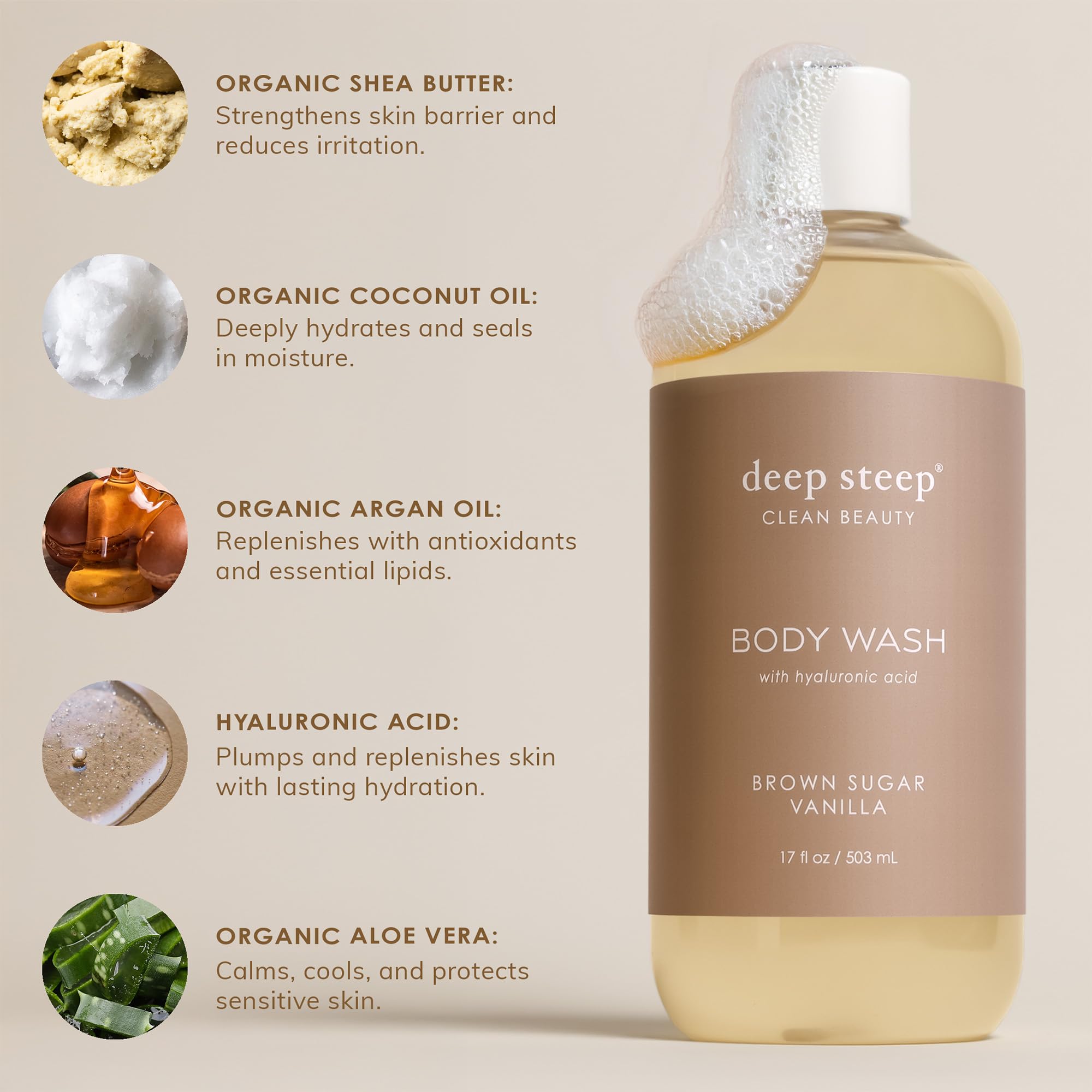 Deep Steep Body Wash bottle on sink evokes spa-like routine.