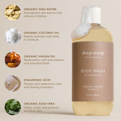Deep Steep Body Wash bottle on sink evokes spa-like routine.