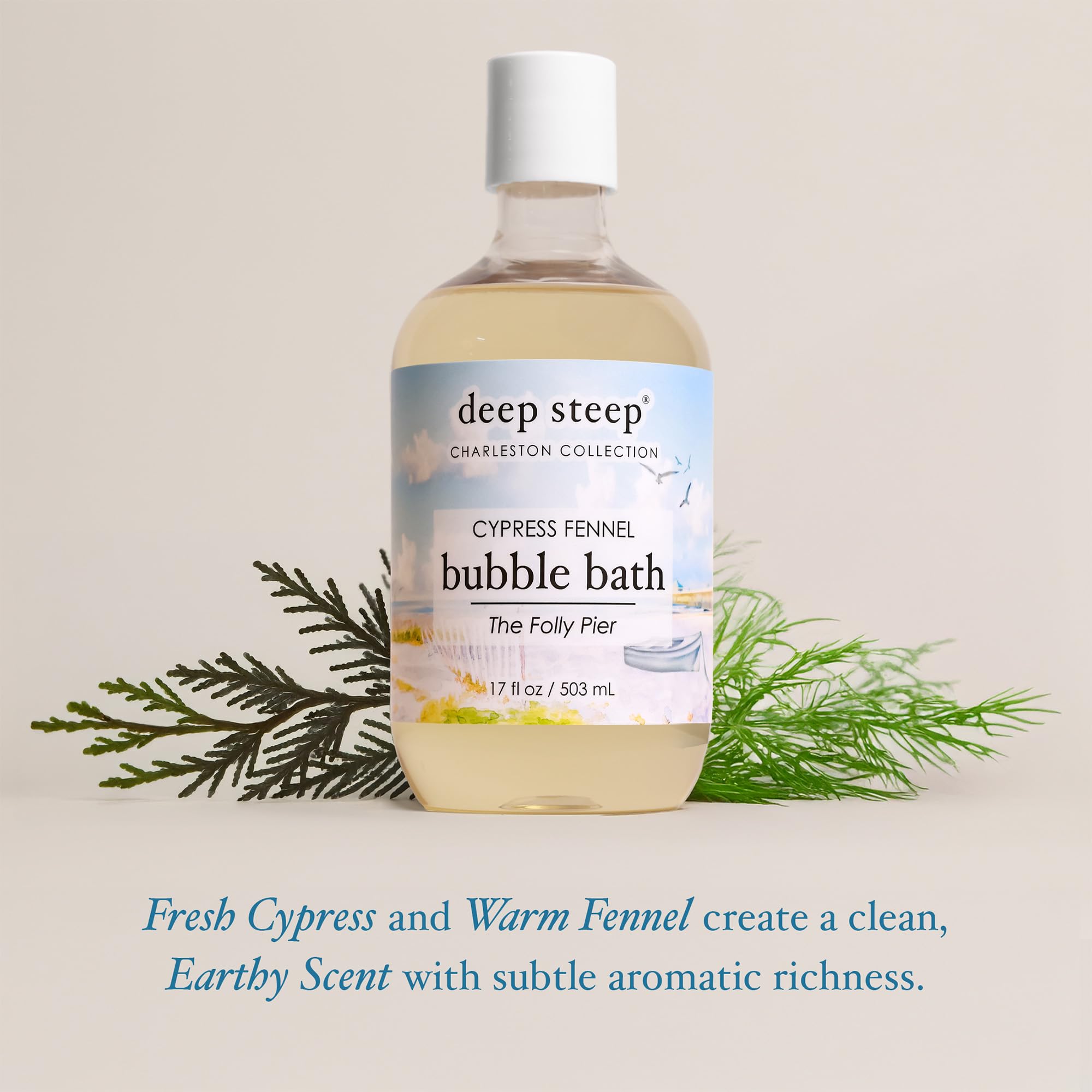 Deep Steep Bubble Bath Cypress Fennel bubbles in a warm bath setting for gentle cleansing