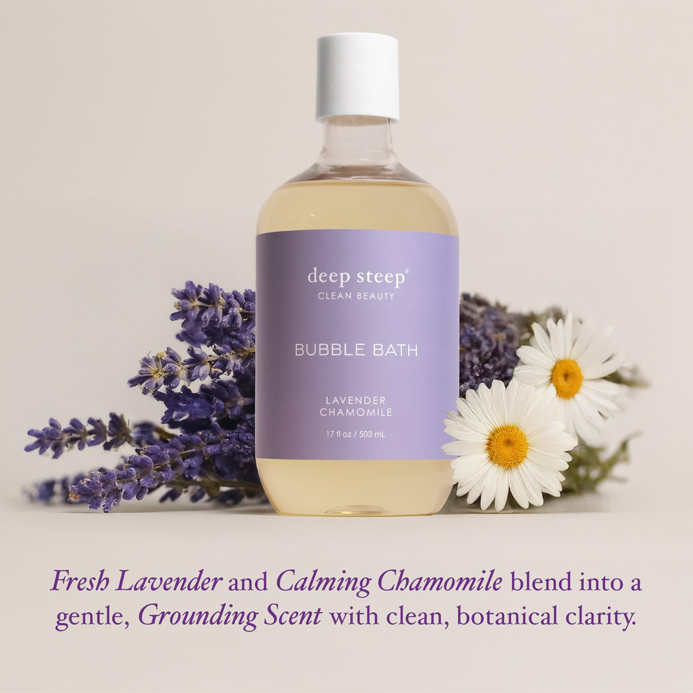 Deep Steep Bubble Bath Lavender Chamomile close-up shows Shea Butter and Argan Oil icons.
