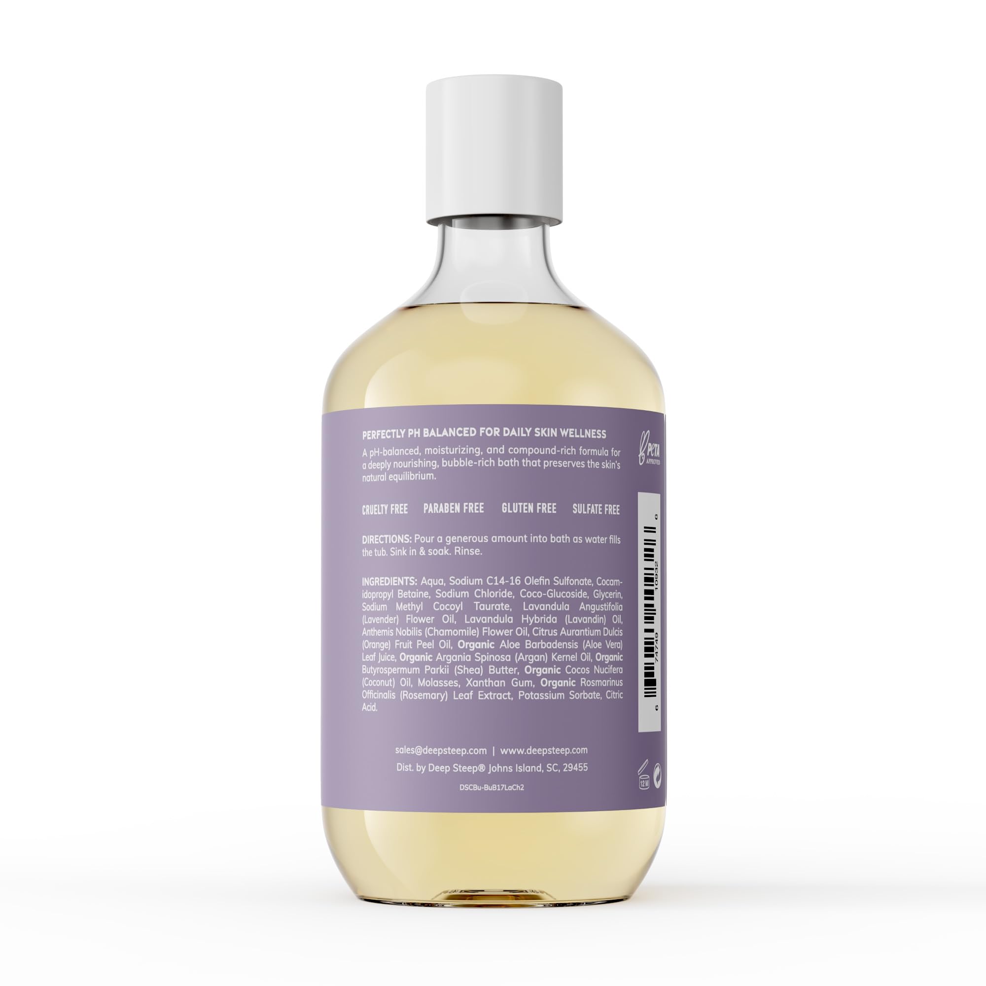 Deep Steep Bubble Bath Lavender Chamomile pour scene promotes calm, relaxing aromatherapy.