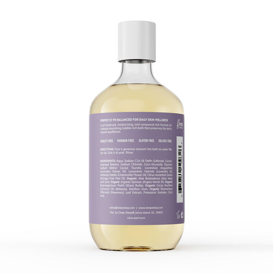 Deep Steep Bubble Bath Lavender Chamomile pour scene promotes calm, relaxing aromatherapy.