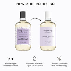 Deep Steep Lavender Vanilla bath foam in a calm tub scene