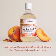 Pouring Deep Steep Peach Praline bubble bath showing mild, skin-friendly formula.