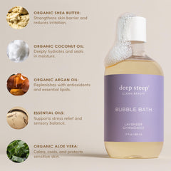 Relaxing bath scene with Deep Steep Peach Praline aroma and soft bubbles.