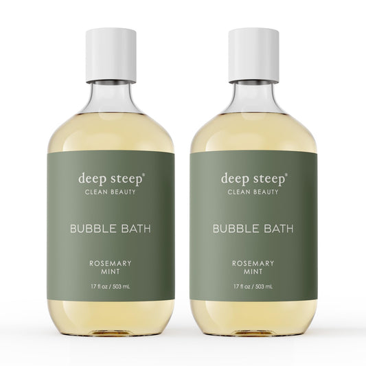 Deep Steep Bubble Bath Rosemary Mint bottle highlighting soothing formula for sensitive skin.