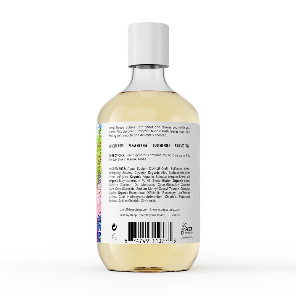 Deep Steep Bubble Bath Strawberry Plum bubbles for a hydrating, calming soak.