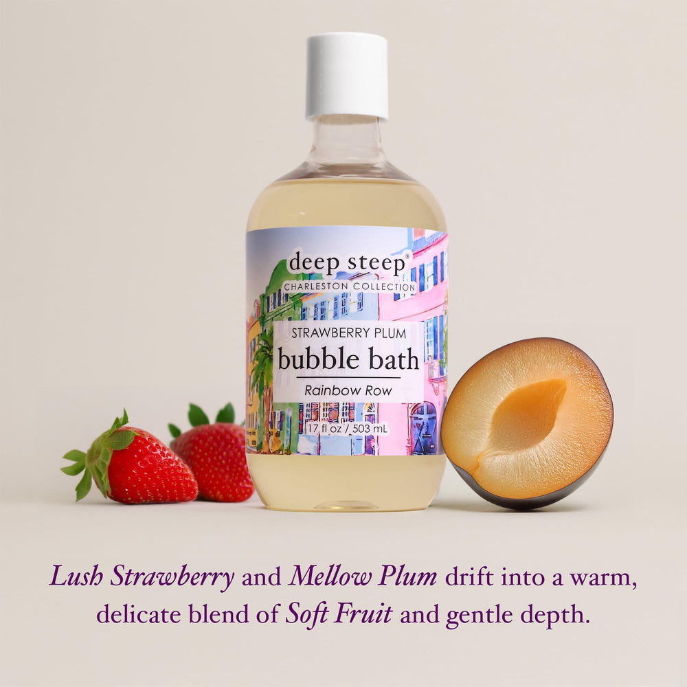 Deep Steep Bubble Bath Strawberry Plum label closeup showing shea butter and argan oil for nourishment.