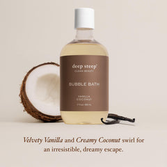 Deep Steep Vanilla Coconut Bubble Bath bottle on skin, promoting softness and gentle cleanse