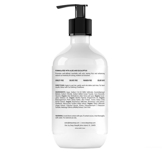 Close up of Deep Steep Curl Defining Shampoo label showing vegan, sulfate-free formula