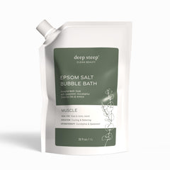 Deep Steep Epsom Salt Bubble Bath bottle pouring for soothing relaxation.