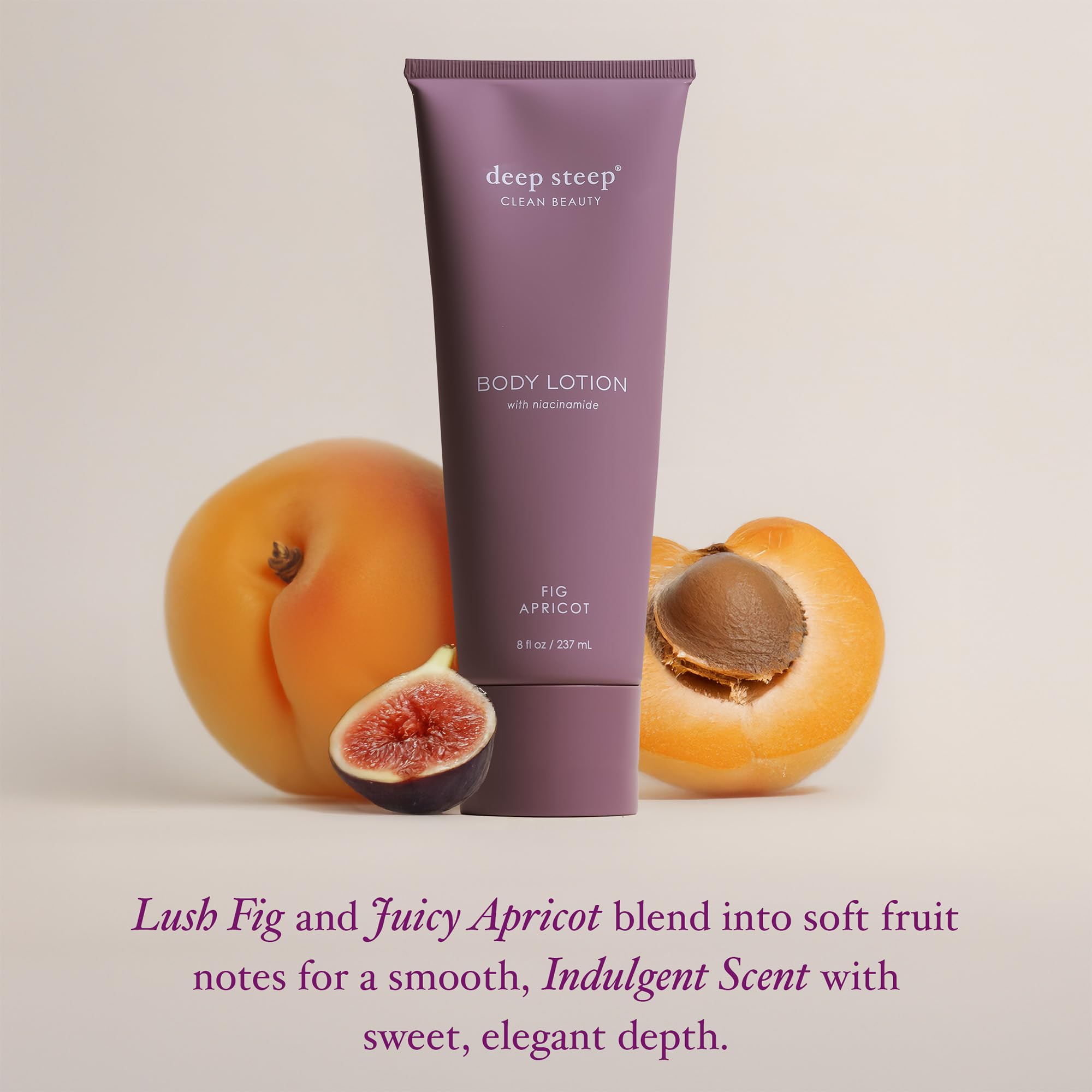 Deep Steep Fig Apricot lotion on skin delivering lasting moisture.