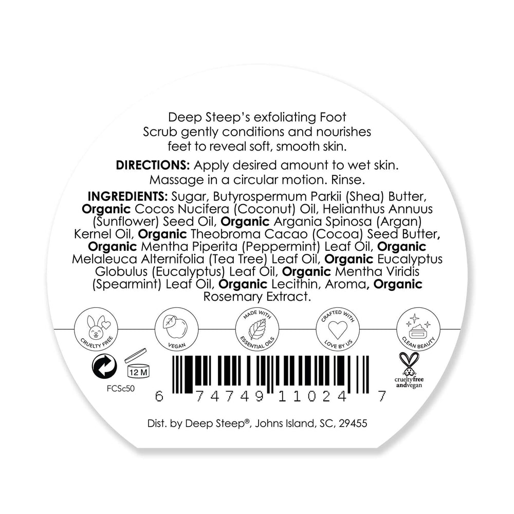 Deep Steep scrub close-up highlights peppermint oil and shea butter for nourishing skin.