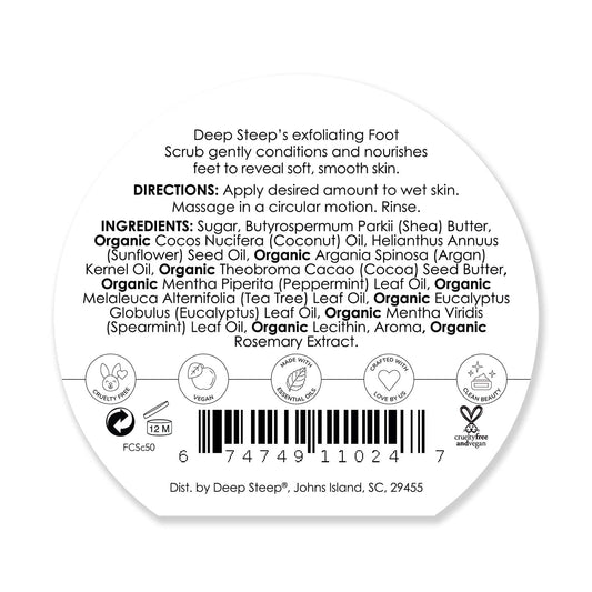 Deep Steep scrub close-up highlights peppermint oil and shea butter for nourishing skin.
