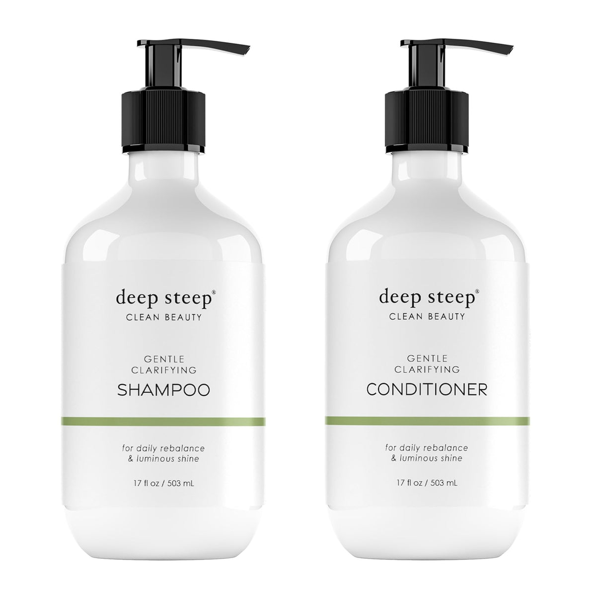 Deep Steep Gentle Clarifying Shampoo bottle front — refreshing cleanse for daily buildup.