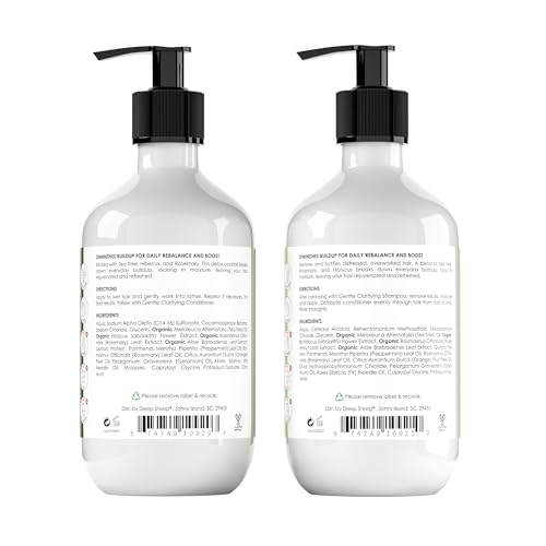 Deep Steep Gentle Clarifying Shampoo bottle side — color-safe formula nourishes with tea tree.