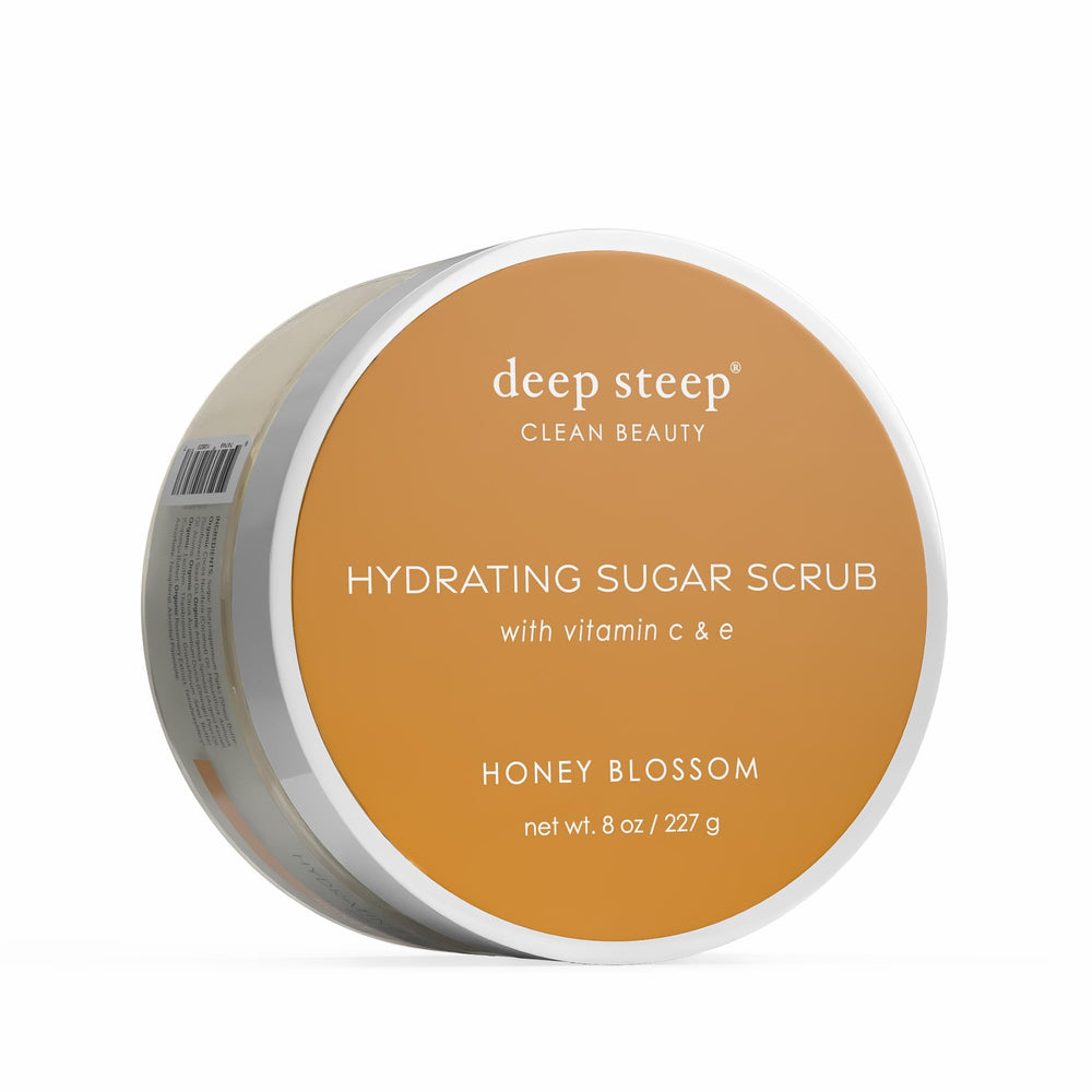 Deep Steep Honey Blossom sugar scrub jar with exfoliating grains promoting gentle exfoliation