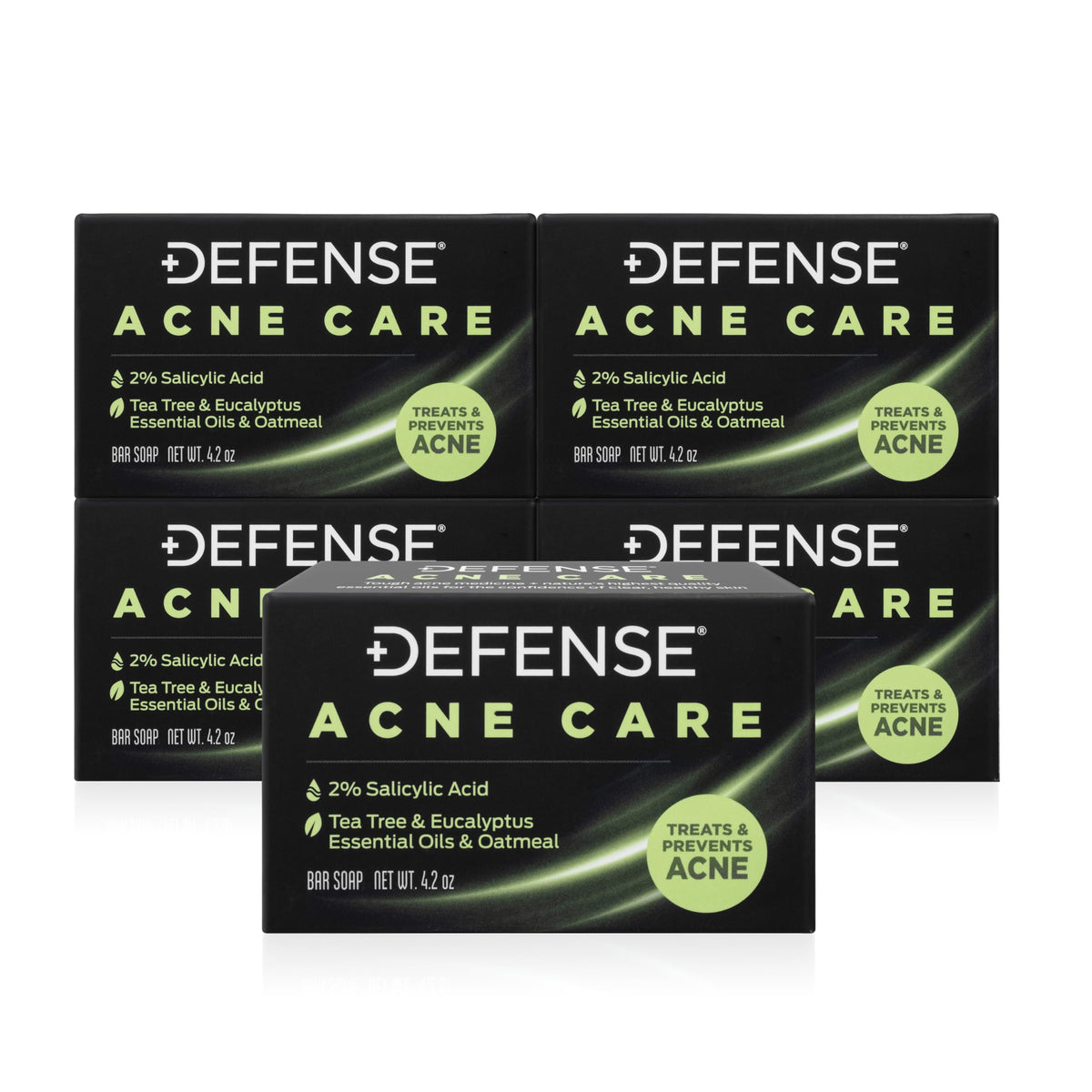 Defense Acne Care Bar front view with pack of five for daily cleansing.