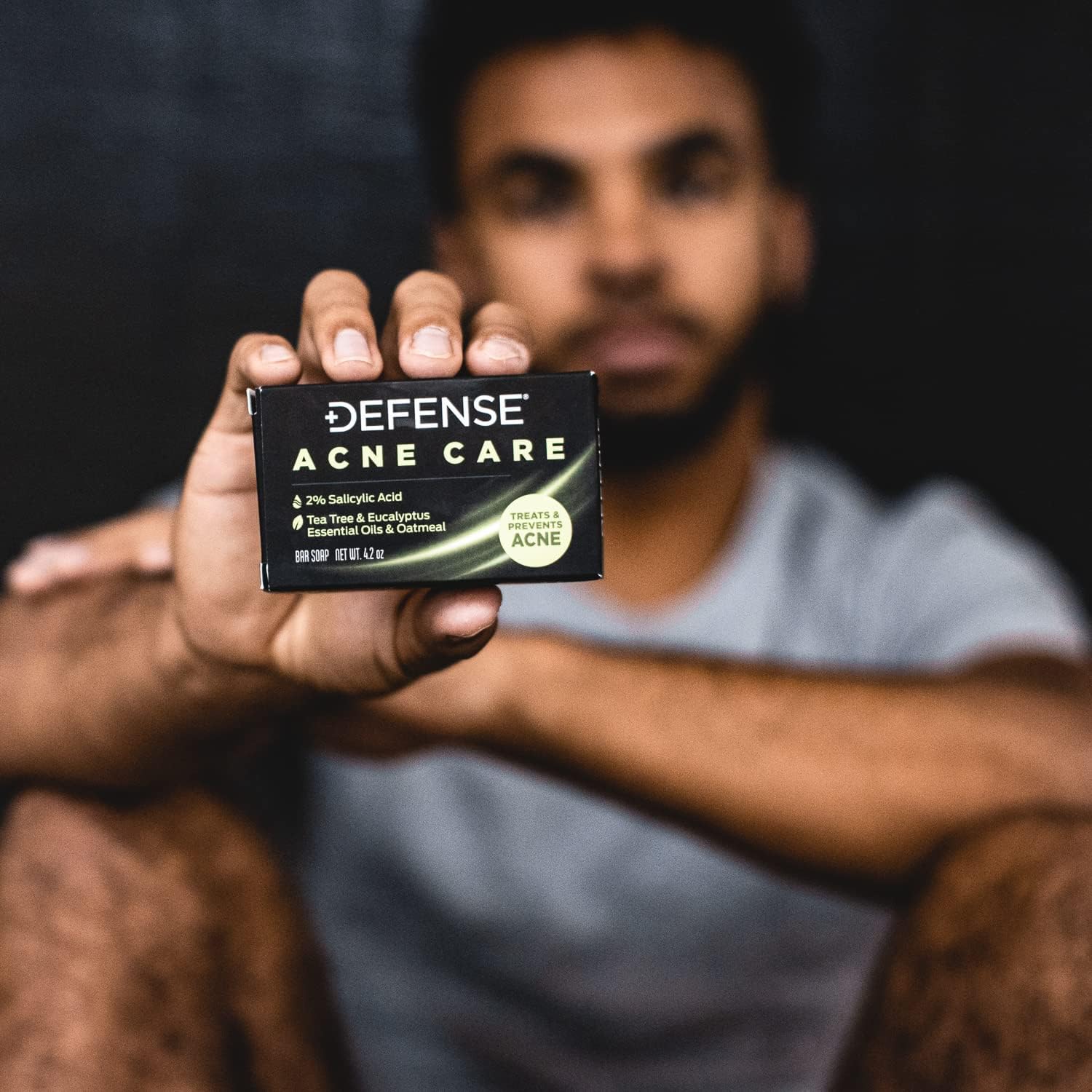 Defense Soap Acne Care Bar tea tree oil bottle signals natural, refreshing scent