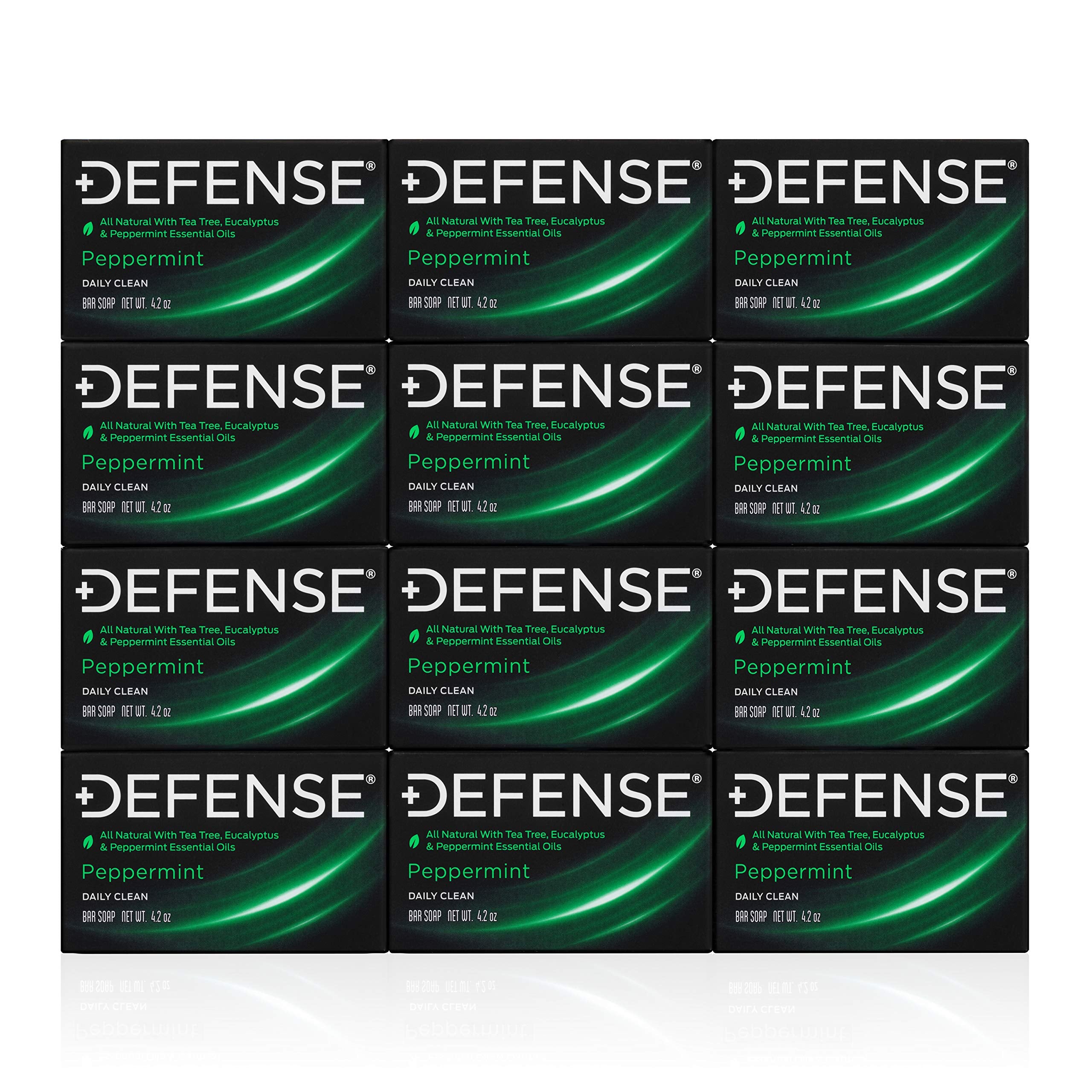 Defense Soap peppermint bar pack showing the all-natural formula for fresh skin