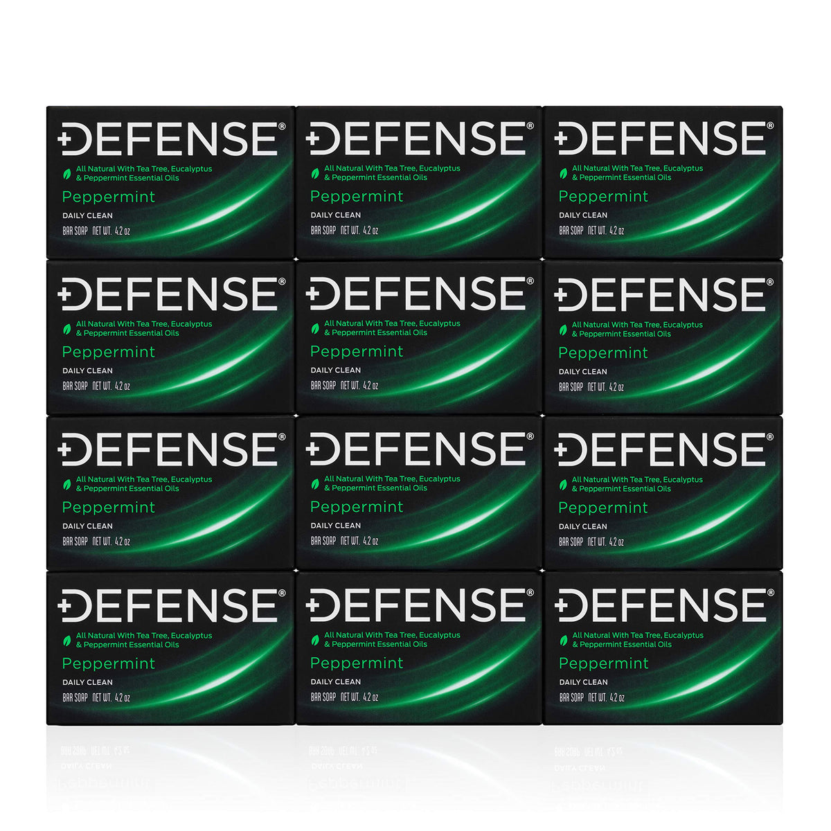 Defense Soap peppermint bar pack showing the all-natural formula for fresh skin