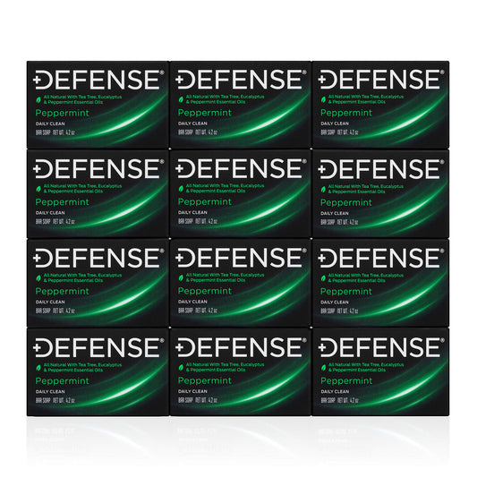 Defense Soap peppermint bar pack showing the all-natural formula for fresh skin