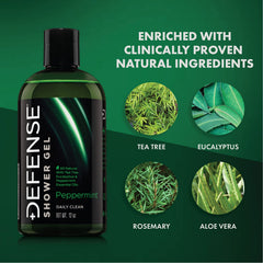 Defense Soap Peppermint Tea Tree Body Wash panel highlighting tea tree oil and eucalyptus