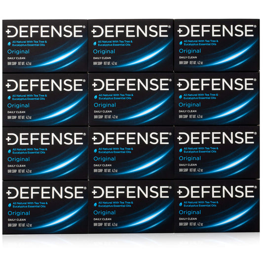 Defense Soap tea tree bar pack on shelf for post-workout skin cleansing