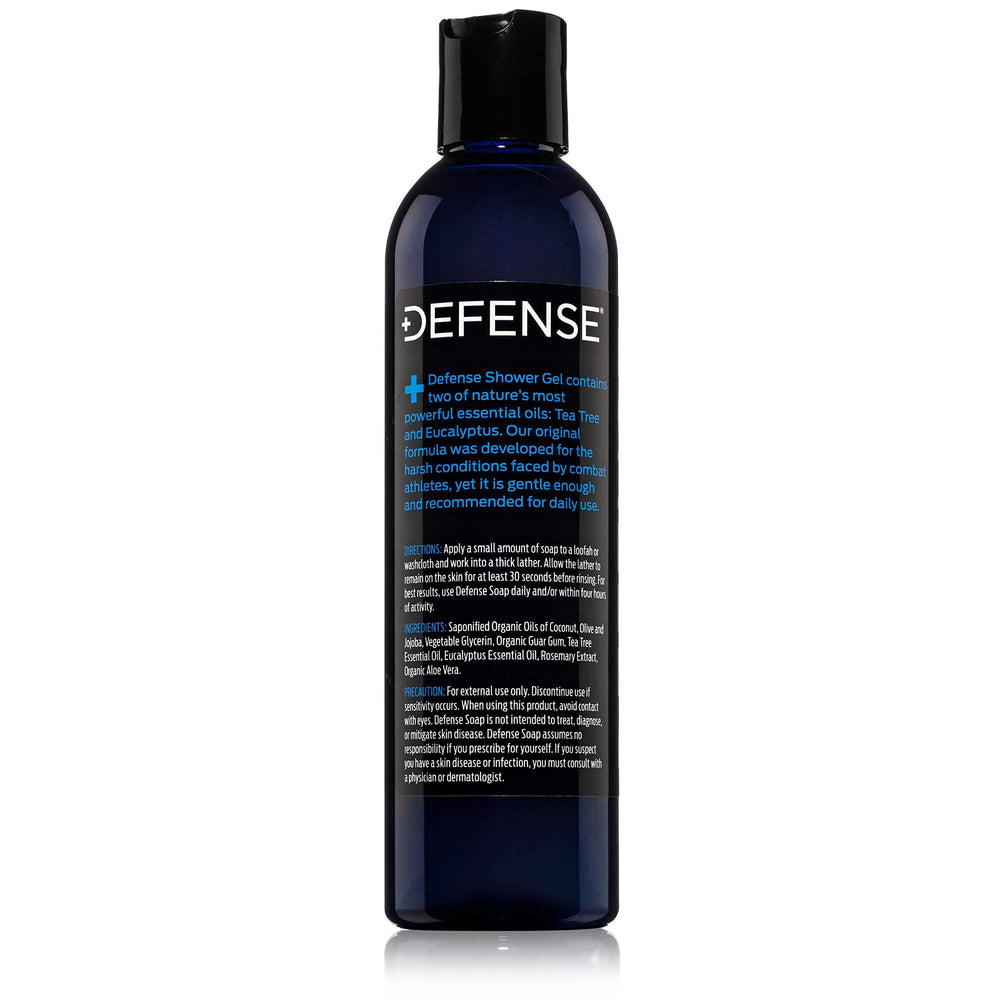 Defense Soap Tea Tree Body Wash moisturizes with coconut, jojoba, olive oils.
