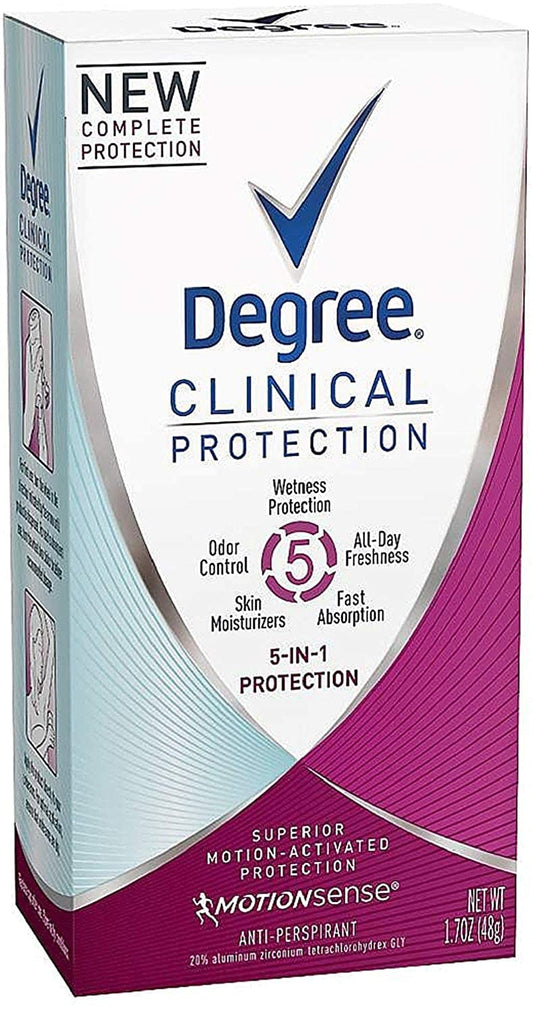 Degree Clinical Protection 5-in-1 antiperspirant bottle delivers long-lasting protection against sweat and odor.