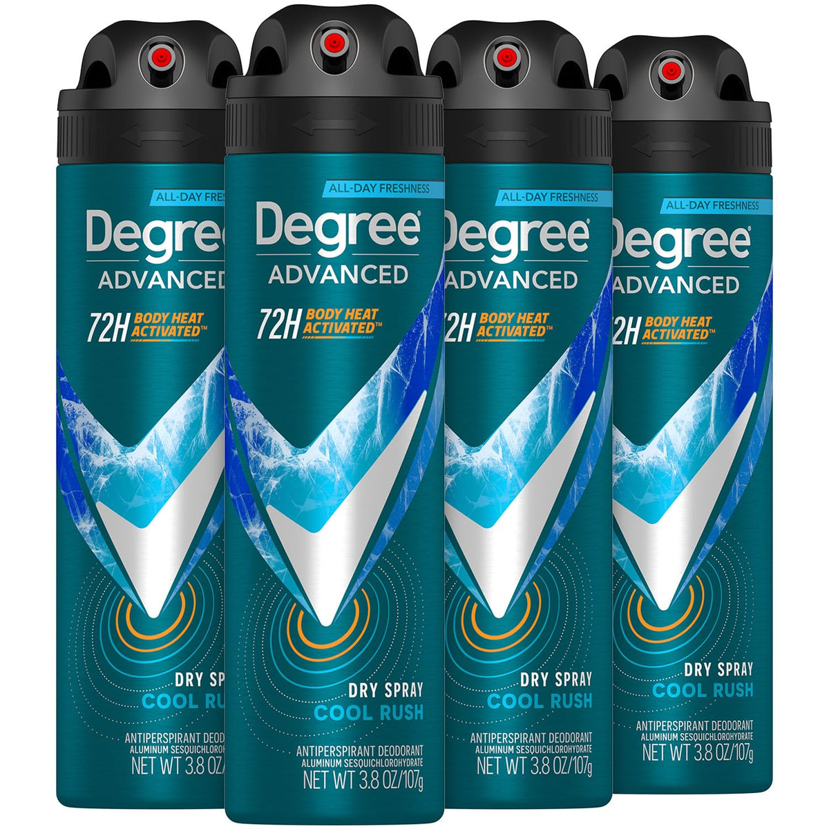 Degree Cool Rush 4-pack front view for daily freshness and protection.