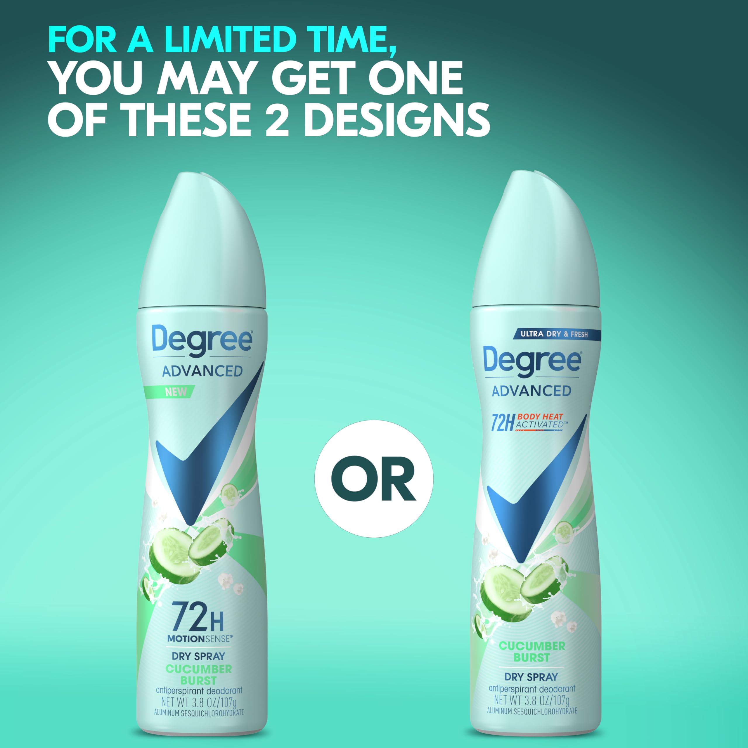 Back label on Degree Cucumber Burst displays 72-hour protection and Body Heat Activated technology.