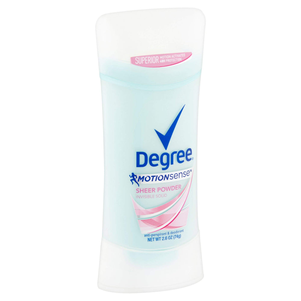 Degree MotionSense Sheer Powder deodorant bottle in use, providing 48-hour protection and invisible finish