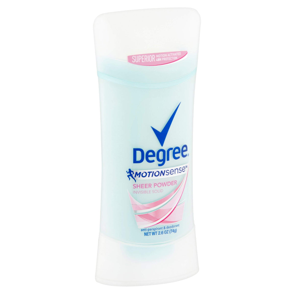 Degree MotionSense Sheer Powder deodorant bottle in use, providing 48-hour protection and invisible finish