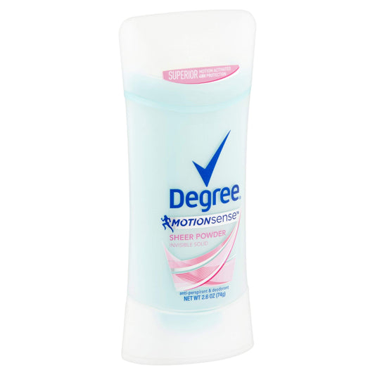 Degree MotionSense Sheer Powder deodorant bottle in use, providing 48-hour protection and invisible finish