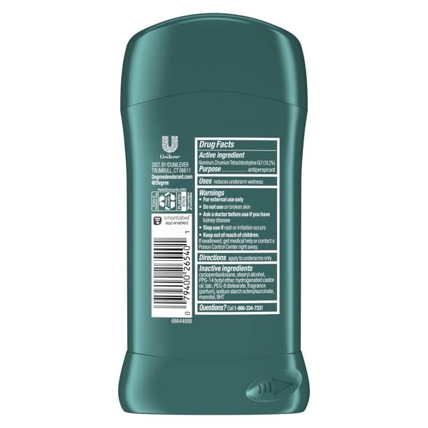 Degree Men Anti-Perspirant Cool Rush label closeup emphasizes strong daily protection.