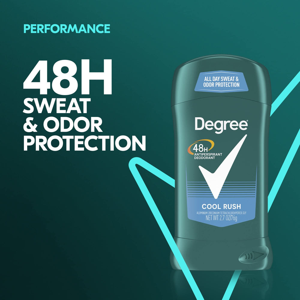 Degree Men Anti-Perspirant Cool Rush bottle used during workouts to stay dry.