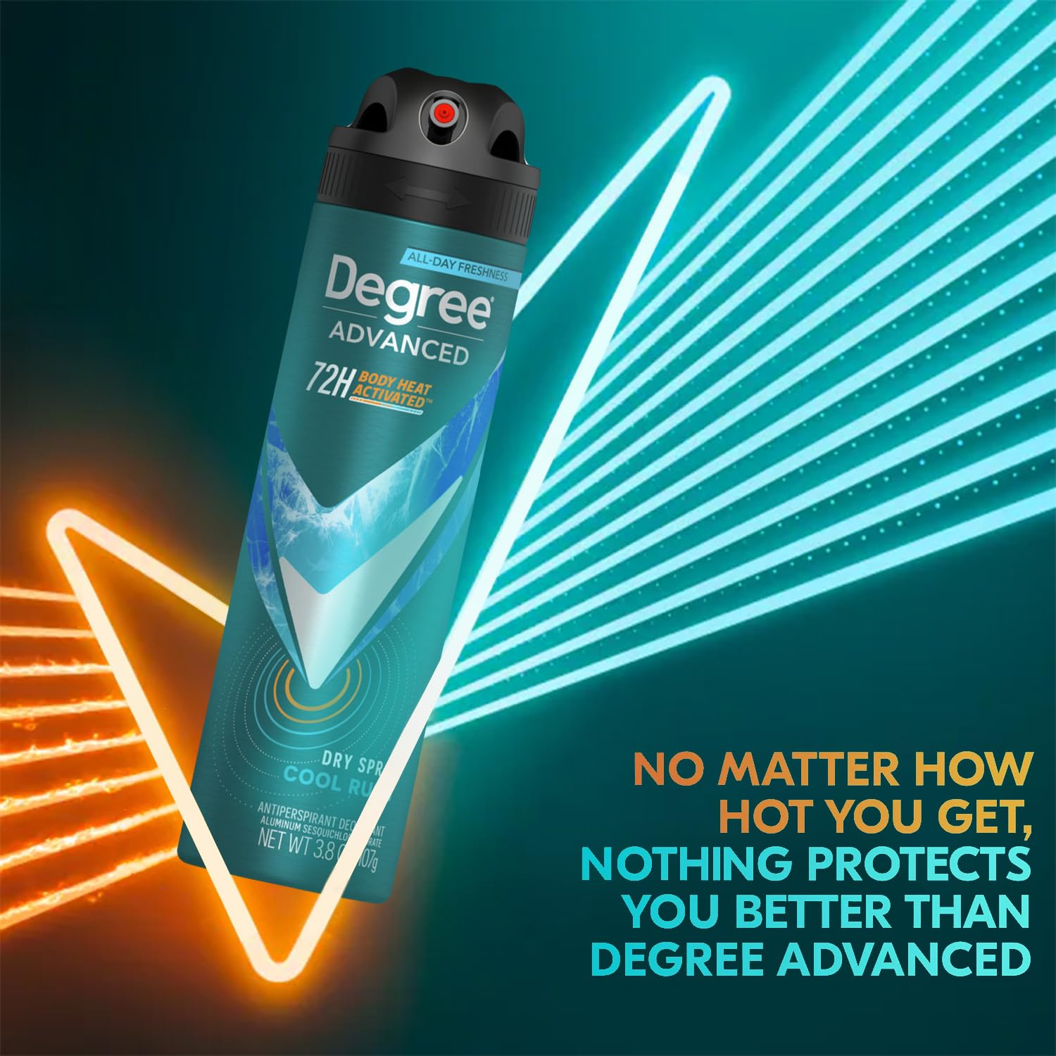 Degree Men antiperspirant spray close-up shows Cool Rush scent and confidence.