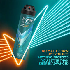 Degree Men antiperspirant spray close-up shows Cool Rush scent and confidence.