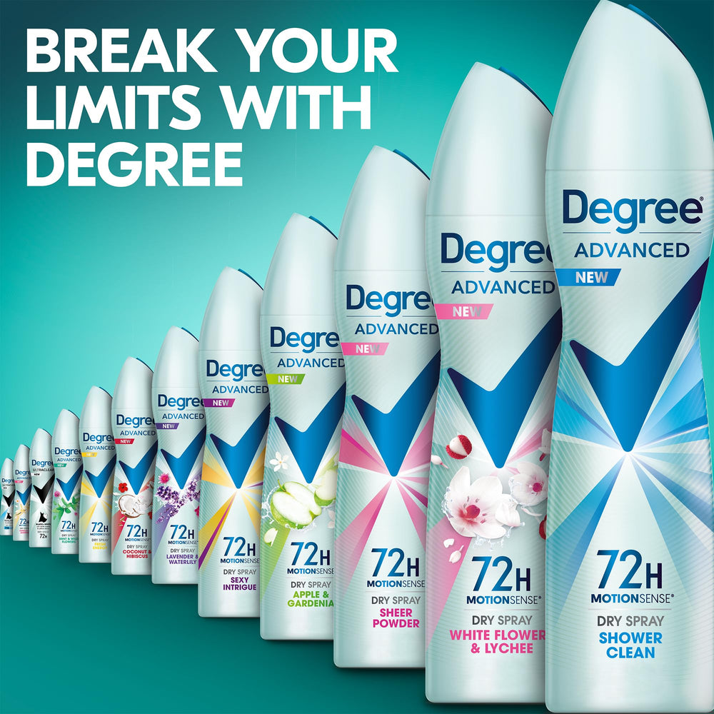 Degree anti-odor on-the-go solution in portable 1 oz bottle.
